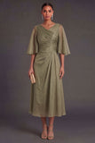 Dusty Sage Sheath Half Sleeves Midi Wedding Guest Dress