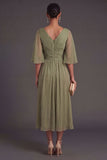Dusty Sage Sheath Half Sleeves Midi Wedding Guest Dress