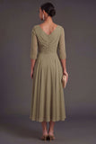 V Neck Dusty Sage Sheath Half Sleeves Midi Wedding Guest Dress