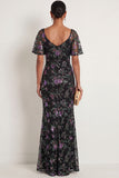 Black Sparkly Mermaid Floral Embroidered Long Formal Dress with Slit