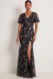 Black Sparkly Sequined Mermaid Floral Long Formal Dress with Slit