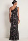 Black Floral Mermaid One Shoulder Long Formal Dress with Slit