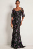 Black Sparkly Floral Mermaid Square Neck Long Formal Dress