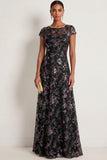A Line Black Floral Sparkly Sequined Long Formal Dress
