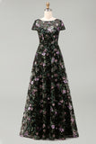 A Line Black Floral Sparkly Sequined Long Formal Dress