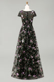 A Line Black Floral Sparkly Sequined Long Formal Dress