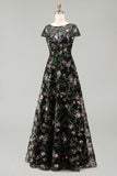 A Line Black Floral Sparkly Sequined Long Formal Dress