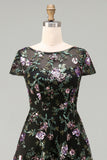 A Line Black Floral Sparkly Sequined Long Formal Dress