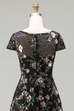 A Line Black Floral Sparkly Sequined Long Formal Dress