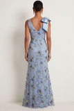 Blue Floral Mermaid Boat Neck Embroidered Long Formal Dress