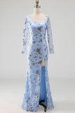 Blue Floral Mermaid Square Neck Embroidered Long Formal Dress with Slit