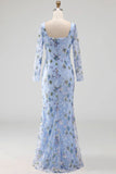 Blue Floral Mermaid Square Neck Embroidered Long Formal Dress with Slit