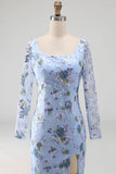 Blue Floral Mermaid Square Neck Embroidered Long Formal Dress with Slit