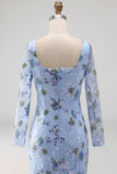 Blue Floral Mermaid Square Neck Embroidered Long Formal Dress with Slit