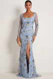 Blue Floral Mermaid Square Neck Embroidered Long Formal Dress with Slit