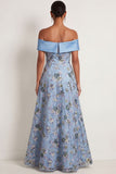Blue Floral A Line Off the Shoulder Embroidered Long Formal Dress