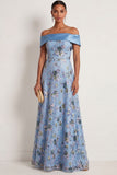 Blue Floral A Line Off the Shoulder Embroidered Long Formal Dress