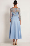 A Line Blue Floral Embroidered Illusion Neck Long Formal Dress