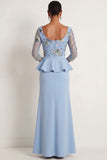 Mermaid Blue Floral Square Neck Ruffled Long Formal Dress