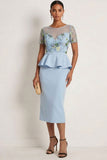 Blue Floral Ruffled Illusion Neck Long Formal Dress