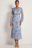 A Line Blue Floral Embroidered Boat Neck Midi Formal Dress