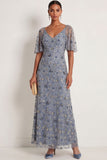 Leely Women Twilight Sheath Floral Long Formal Dress V Neck Appliqued Short Sleeves Wedding Guest Dress