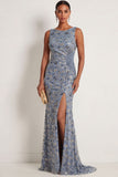 Sparkly Twilight Mermaid Floral Ruched Appliqued Long Formal Dress with Slit
