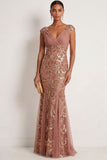Sparkly Sequined Desert Rose Appliqued V Neck Long Formal Dress