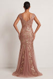 Sparkly Sequined Desert Rose Appliqued V Neck Long Formal Dress