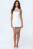 Halter Neck White Satin Bodycon Short Bridal Shower Dress