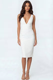 White Mermaid Deep V Neck Satin Long Engagement Dress