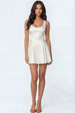A Line Satin White Square Neck Short Engagement Dress