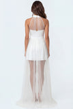 A Line Satin White Halter Neck Sleeveless Short Bridal Shower Dress with Cape