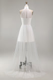 A Line Satin White Halter Neck Sleeveless Short Bridal Shower Dress with Cape