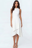 White Sheath Ruffled Round Neck Sleeveless Long Engagement Dress