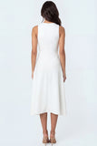 White Sheath Ruffled Round Neck Sleeveless Long Engagement Dress