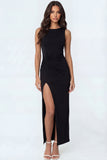 White Mermaid Satin Round Neck Long Formal Dress with Slit