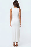 White Mermaid Satin Round Neck Long Formal Dress with Slit