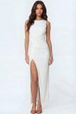 White Mermaid Satin Round Neck Long Formal Dress with Slit