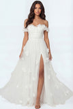 White A Line Off the Shoulder Corset Floral Long Engagement Dress with Slit
