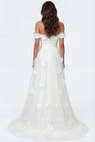 White A Line Off the Shoulder Corset Floral Long Engagement Dress with Slit