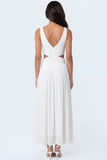 White Sheath V Neck Chiffon Cut Out Long Engagement Dress
