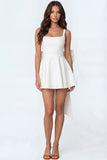 A Line White Thick Straps Backless Satin Short Bridal Shower Dress with Bow