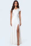 White Mermaid Satin Cowl Neck Long Bridal Shower Dress with Slit