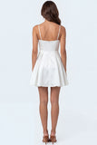 A Line White Spaghetti Straps Satin Short Engagement Dress with Slit