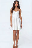 A Line White Spaghetti Straps Satin Short Engagement Dress with Slit
