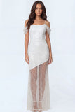 Sparkly Sequined White Cold Shoulder Sheath Long Bridal Shower Dress