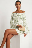 Green Floral Straight Neck Bodycon Short Wedding Guest Dress