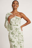Green Floral Mermaid One Shoulder Maxi Wedding Guest Dress