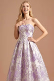 Lilac Jacquard Floral Strapless Long Prom Dress